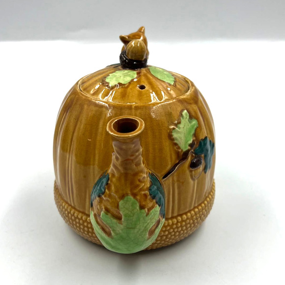 Majolica Pottery Occupied Japan Teapot Acorn Forest Squirrel Handle Ceramic - Picture 3 of 15
